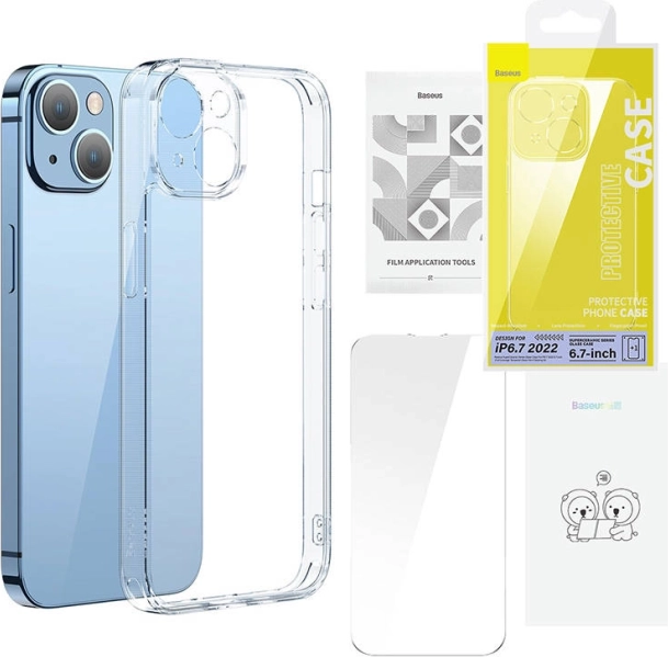 Baseus SuperCeramic priehľadné sklenené puzdro a sada tvrdeného skla pre iPhone 14 – Plus
