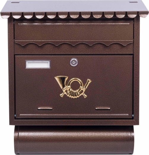 Poštová schránka s hranatou strieškou a tubusom na noviny, hnedá antická