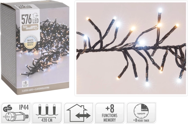 Vianočná LED svetelná reťaz 4,2 m, 576 LED, teplá biela, 8 funkcií, IP44, s časovačom