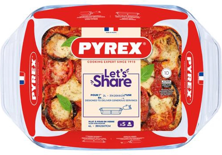 Sklenený pekáč s úchytmi Pyrex 39 × 25 cm, 4 l, borosilikát