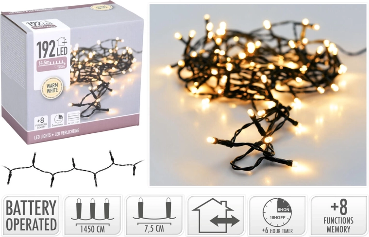 Vianočné LED osvetlenie 15 m, 192 LED, teplá biela, 8 funkcií, IP44
