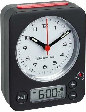 Bezdrôtový budík TFA COMBO s digitálnym nastavením, čierno‑červený