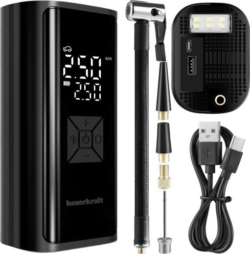 Elektrická prenosná vzduchová pumpa 150 PSI s powerbankou 6000 mAh a LED svietidlom