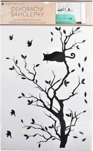 Nálepka na stenu vetva s čiernou mačkou 60 × 42 cm