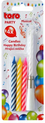 Spievajúca tortová sviečka s podstavcom TORO Happy Birthday – sada 4 sviečok