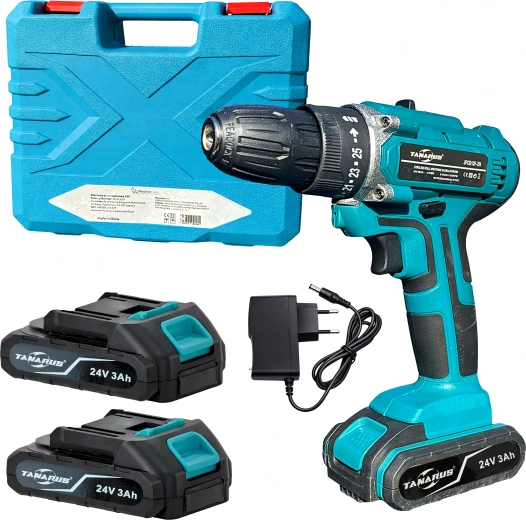 Aku vŕtačka a skrutkovač 24 V s kufrom a 2× 3 Ah batériou