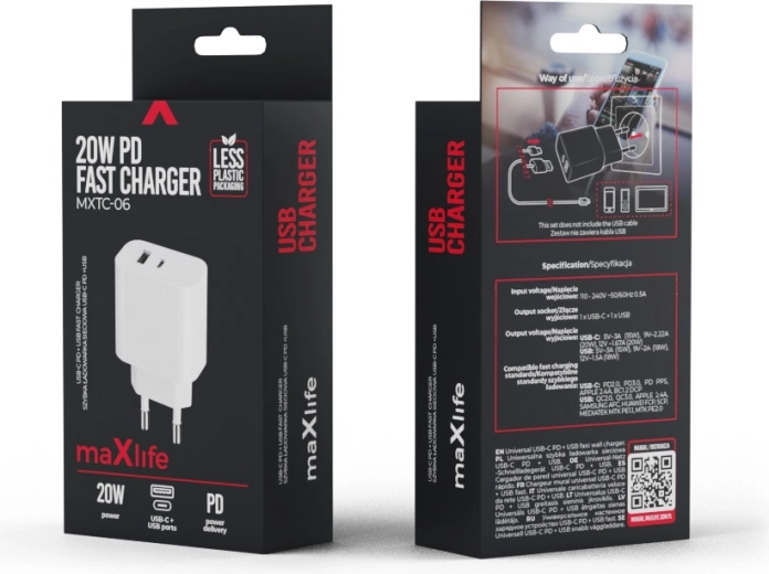 Maxlife nabíjačka PD/QC 20 W, 1× USB‑C + 1× USB, biela