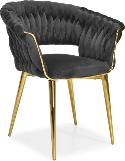 Čalúnená zamatová jedálenská a obývačková stolička, čierna so zlatými nohami a pleteným operadlom
