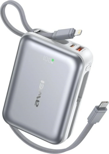 Powerbanka AWEI 20000 mAh s rýchlym nabíjaním 45 W, USB‑A/USB‑C, vstavané káble Lightning a USB‑C, strieborná