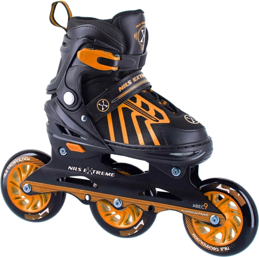 Inline korčule NILS Extreme s tromi kolieskami 100 mm, oranžové – veľ. 29 – 33