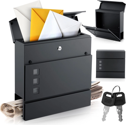 Nástenná poštová schránka s držiakom na noviny 37 × 37 × 10,5 cm antracit