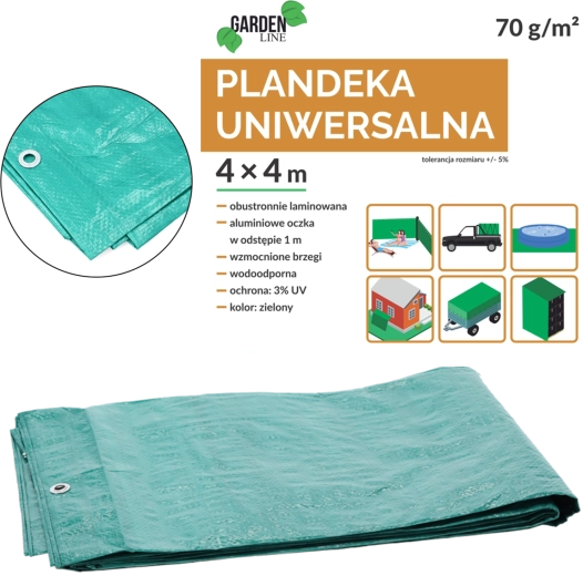 Plachta PE 4 × 4 m, zelená, 70 g/m², UV 3 %, obojstranne laminovaná