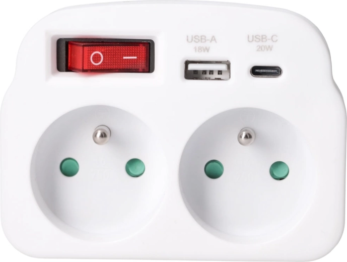 Solight zásuvková rozbočka s 2 zásuvkami, rýchlonabíjaním USB-A a USB-C 20 W PD, biela