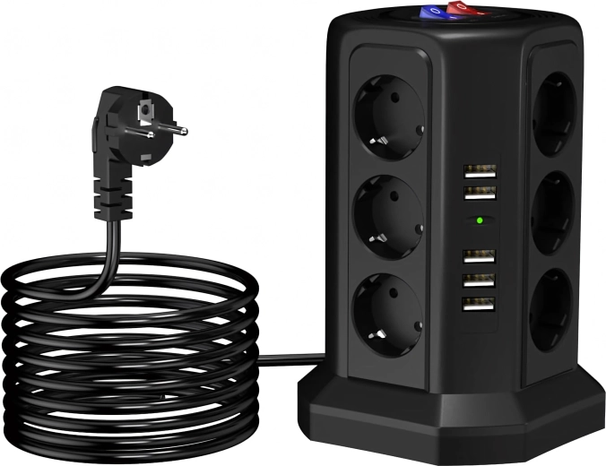 Stojanová prepäťová predlžovacia zásuvka 12 zásuviek + 5 USB s resetom