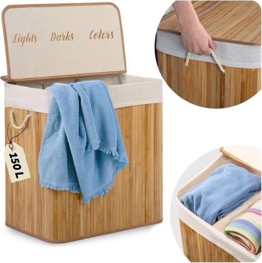Bambusový kôš na bielizeň 150 l s 3 priehradkami a vekom MASSIDO
