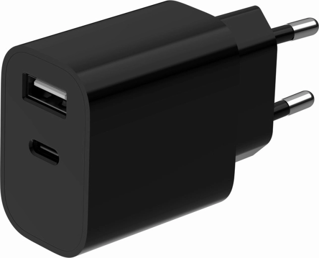 Univerzálna sieťová nabíjačka USB s 2 portmi (USB-A + USB-C), 2,4 A, čierna