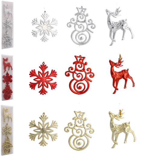 Sada vianočných ozdôb – jeleň, snehová vločka a snehuliak, lesklý mix farieb
