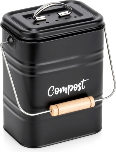 Kuchynský kompostér s uhlíkovým filtrom, kovový, čierny, 5 l