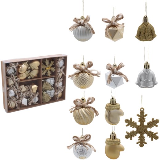 Sada 24 vianočných ozdôb mix strieborná a šampanská Chomik