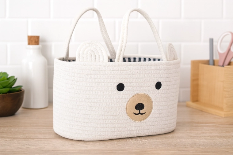 Biely textilný košík na hračky v tvare medvedíka s uškami 35 × 25 × 21 cm