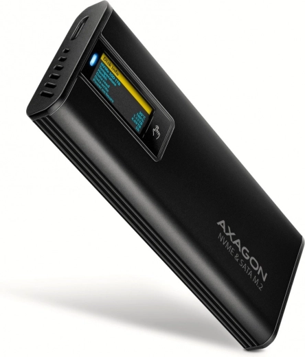 Axagon EEM2-SD2B externý hliníkový box pre M.2 NVMe/SATA, USB-C 3.2 Gen 2, LED displej, čierny