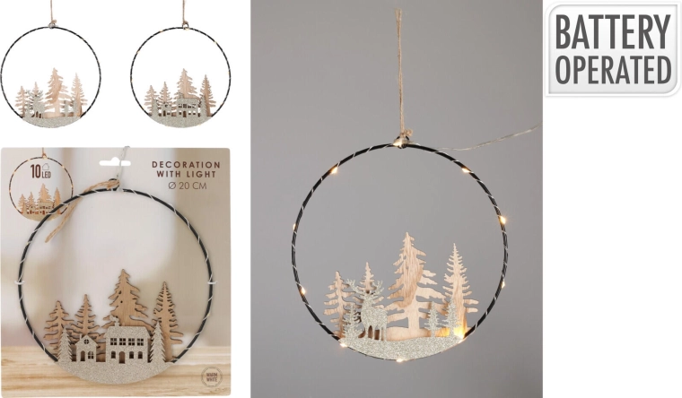 Závesná LED dekorácia kruh 20 cm z topoľového dreva – teplá biela