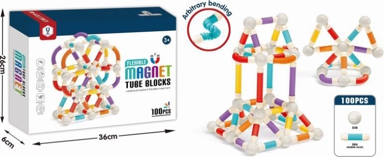 Magnetická stavebnica – pohyblivé trubičky, 100 dielov