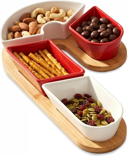 Keramické mištičky na občerstvenie na bambusovej tácke, 5-dielna sada