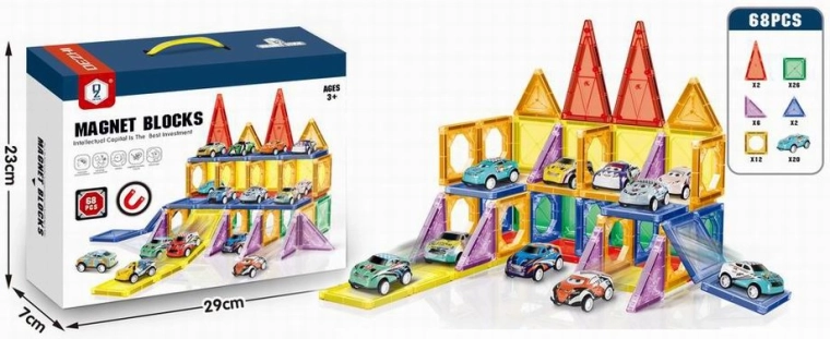 Magnetická 3D stavebnica s autíčkami, 68 dielov