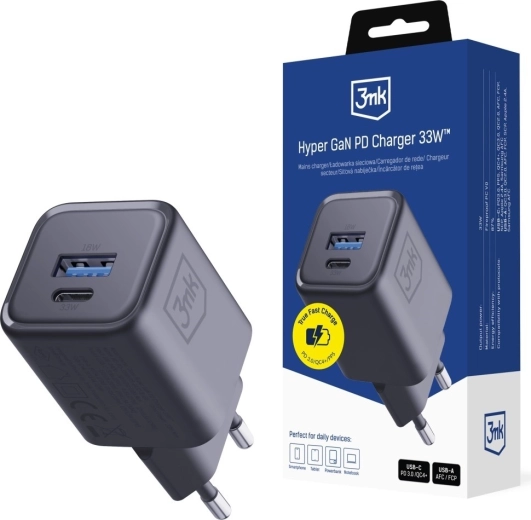 3MK Hyper Charger PD 33W GaN sieťová nabíjačka USB-A a USB-C čierna