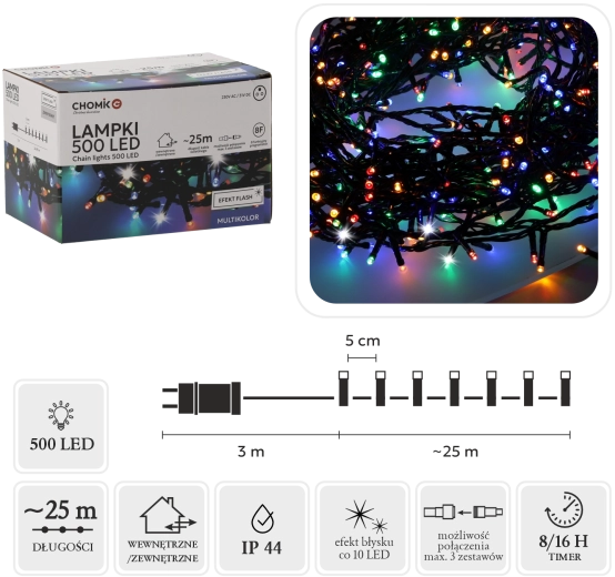 LED svetelná reťaz 500 diód multicolor so studeným flash efektom 28 m IP44