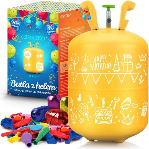 Héliová fľaša 0,20 m³ s balónikmi a stuhou Ricokids