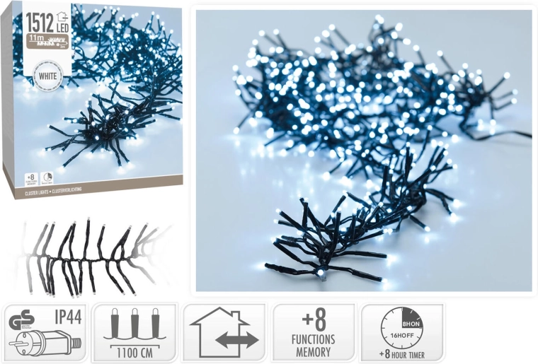 Vianočná svetelná reťaz 11 m, 1512 LED, studená biela, 8 funkcií, IP44, s časovačom – 1 kus