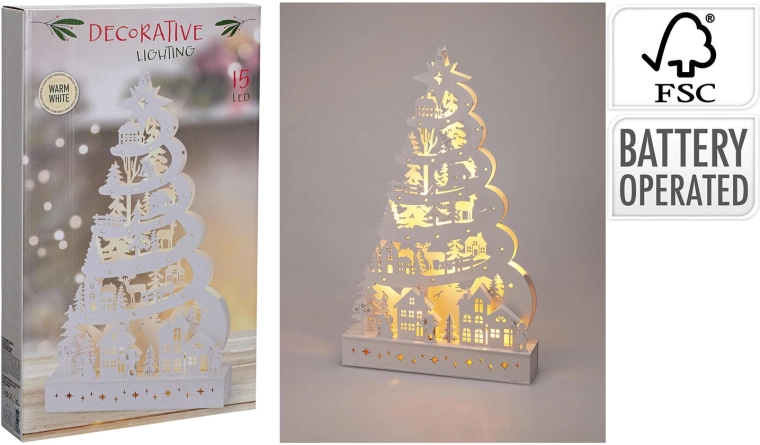 Drevená LED dekorácia vianočný stromček 45 cm biela - 1 kus