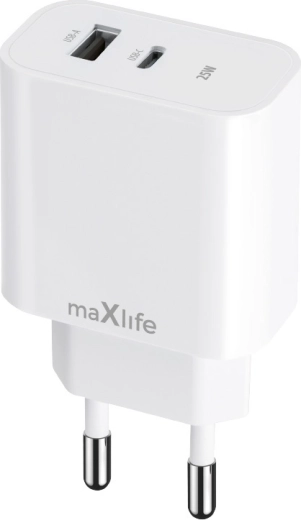 Maxlife sieťová nabíjačka 25 W s USB‑C a USB, biela