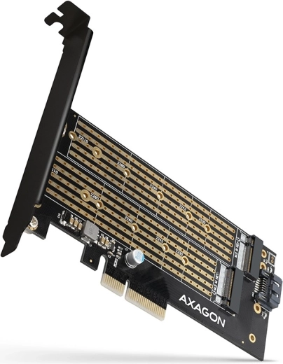 Vnútorný PCIe x4 adaptér pre 2× M.2 – NVMe M‑key + SATA B‑key, plná aj nízka záslepka