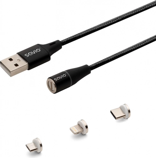 Magnetický USB kábel Savio 3v1 typ C, Micro a Lightning, čierny, 1m