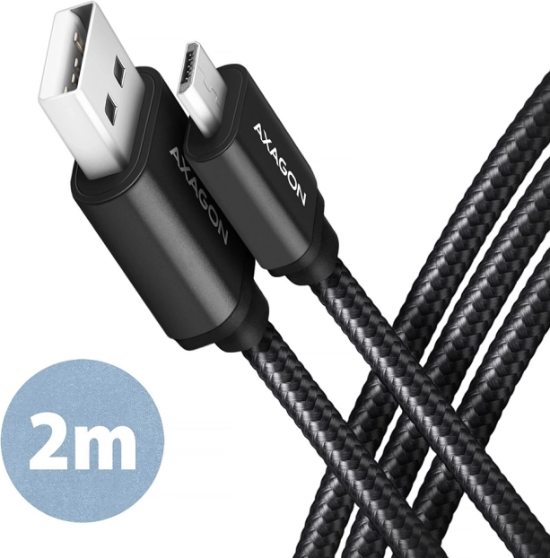 Kábel AXAGON MicroUSB - USB A 2m, ALU opletený, čierny