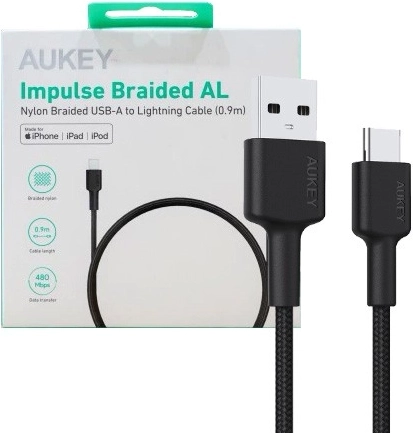 AUKEY USB-C na USB-A kábel 0,9 m, 60 W PD, nylonový opletený, čierny