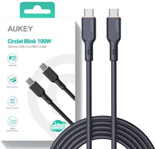 Aukey USB‑C kábel 1 m, silikónový, 100 W Power Delivery, 5 A, čierny