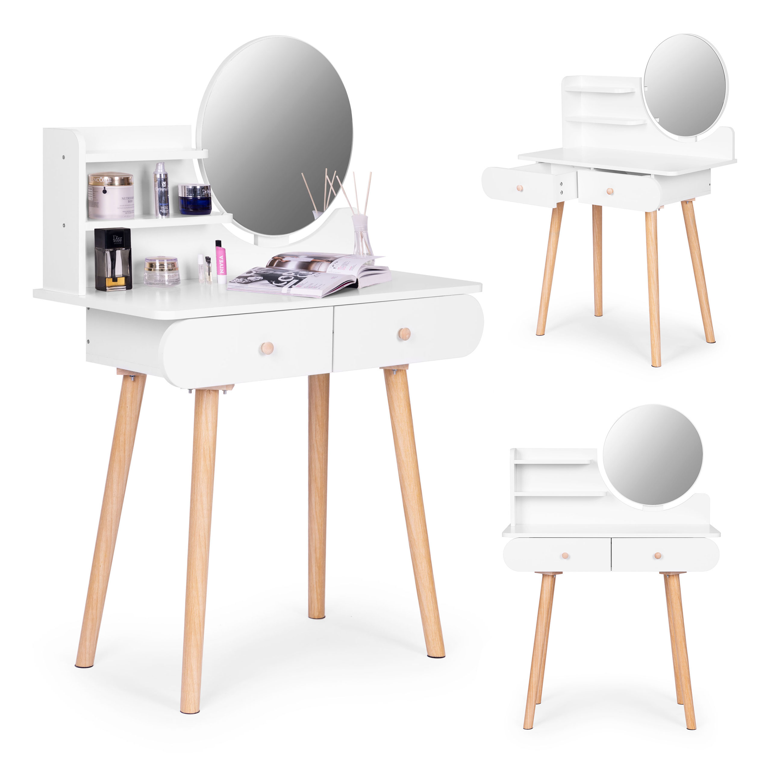 Veľký moderný kozmetický toaletný stolík so zrkadlom a poličkami