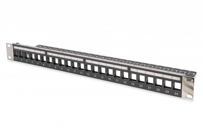 Modulárny patch panel 19" 24 portov na keystone moduly, 1U, tienený s káblovým vedením, vymeniteľné popisné polia Čierny