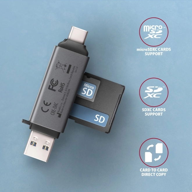 axagon externý čítač kariet USB-C a USB-A pre SD a microSD