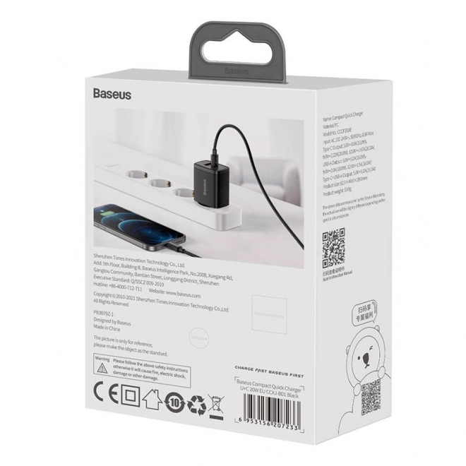 Kompaktná rýchlonabíjačka Baseus 20W USB, USB-C čierna