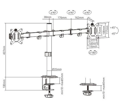 Stolné nastaviteľné rameno pre dva monitory, do 32 palcov, 9 kg