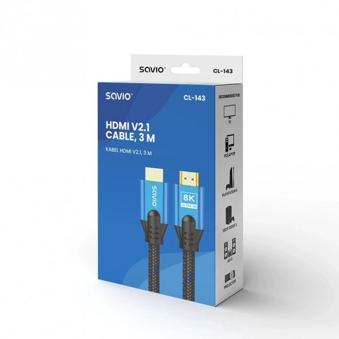 Hdmi kábel v2.1, 3m, modro-čierny s pozlátenými koncovkami