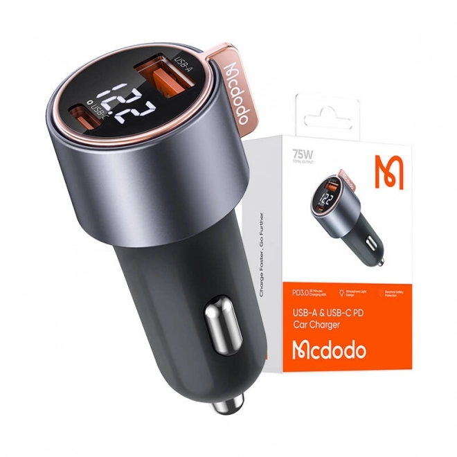 Nabíječka do auta McDodo s digitálnym displejom 2 x USB, 75W