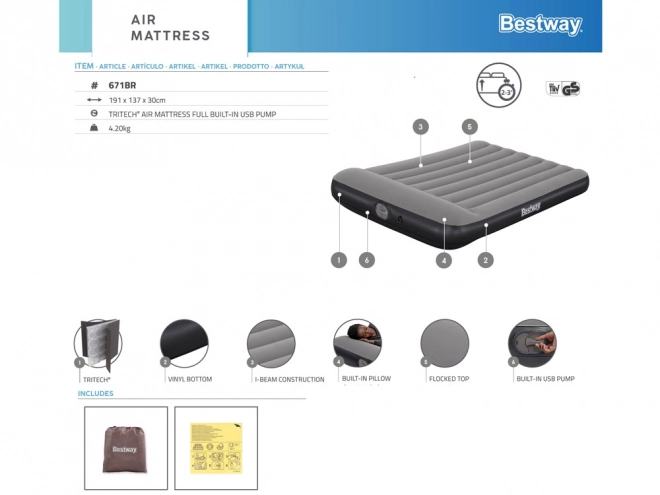 Bestway Dvojitý nafukovací matrac TRITECH s USB pumpou
