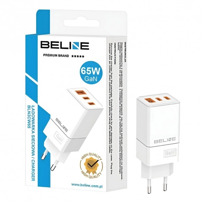 Sieťová nabíjačka 65W s GaN a 2xUSB-C+USB-A - Biela