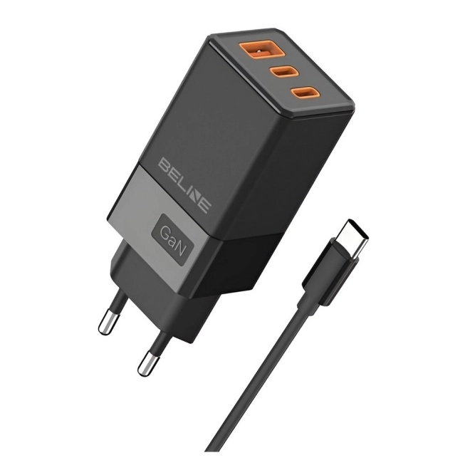 65W sieťová nabíjačka GaN 2xUSB-C + USB-A+ USB-C kábel – Čierna